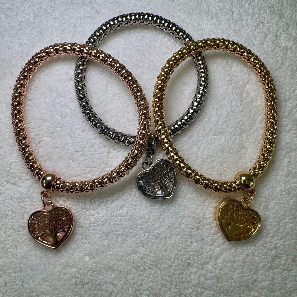 3pc Mixed Metal Aphrodites Tree of Life Heart Charm Stretch Popcorn Bracelet Set